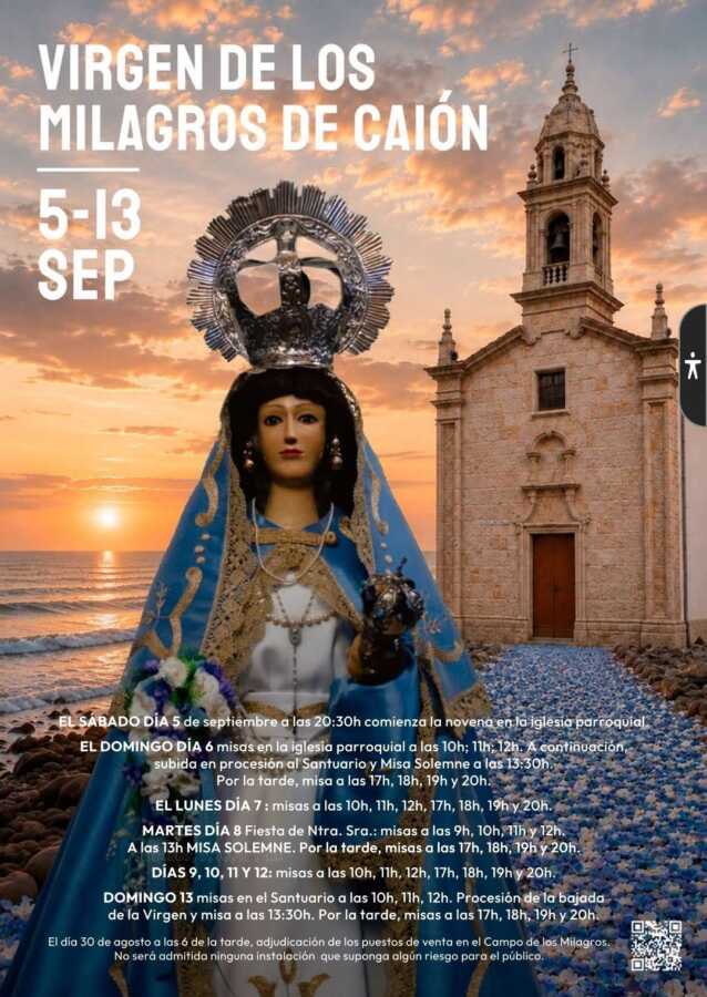 Cartel con los horarios de las misas de la novena de la Virgen de los Milagros de Caión, del 5 al 13 de septiembre de 2026