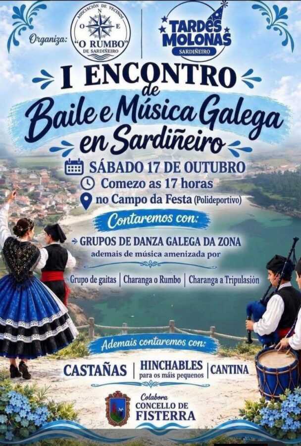 Cartel do I Encontro de Baile e Música Galega en Sardiñeiro, o 17 de outubro de 2026.