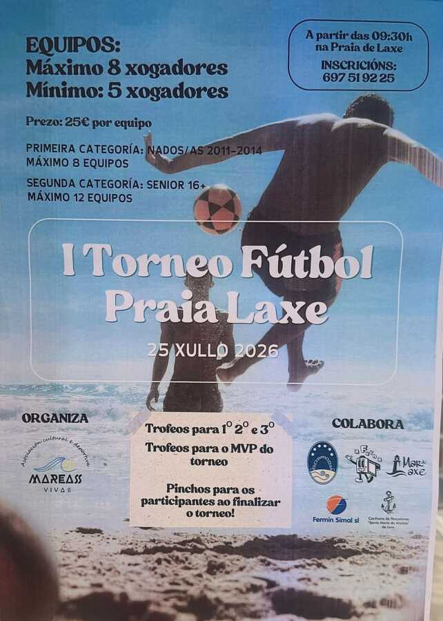 Cartel del I Torneo de Fútbol Playa de Laxe, que se celebrará el 25 de julio de 2026 en la Praia de Laxe