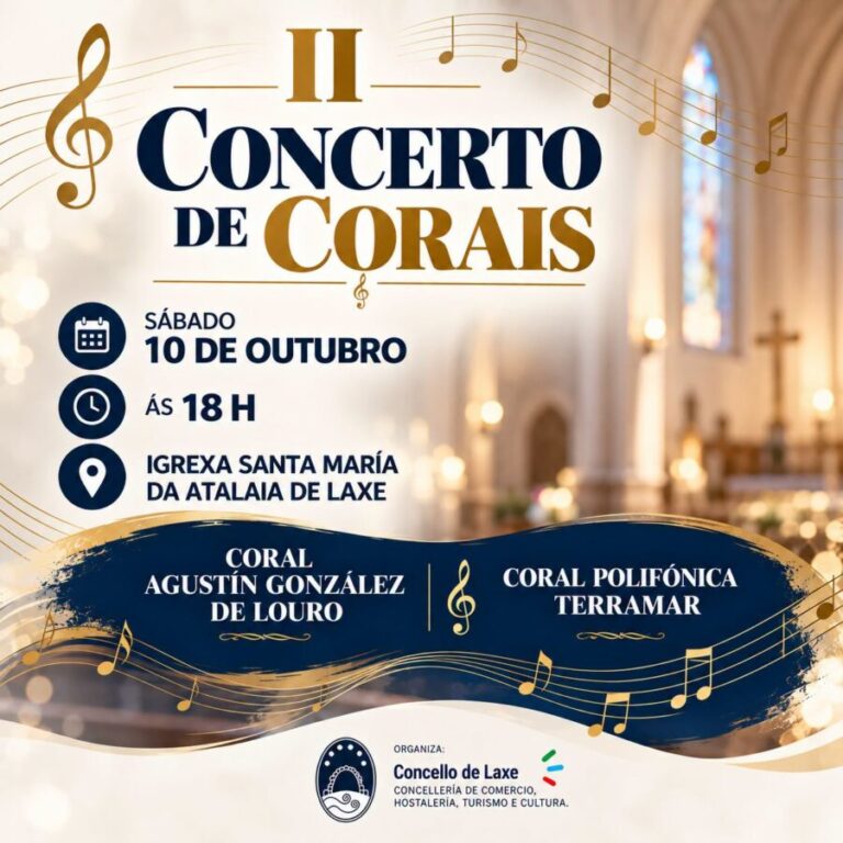 Cartel del II Concerto de Corais en Laxe, el 10 de octubre en la iglesia de Santa María da Atalaia