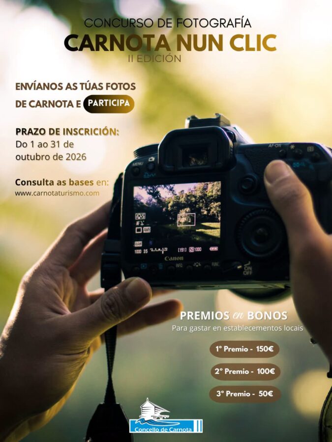 Cartel do II Concurso de Fotografía «Carnota nun clic», con prazo de participación do 1 ao 31 de outubro de 2026.