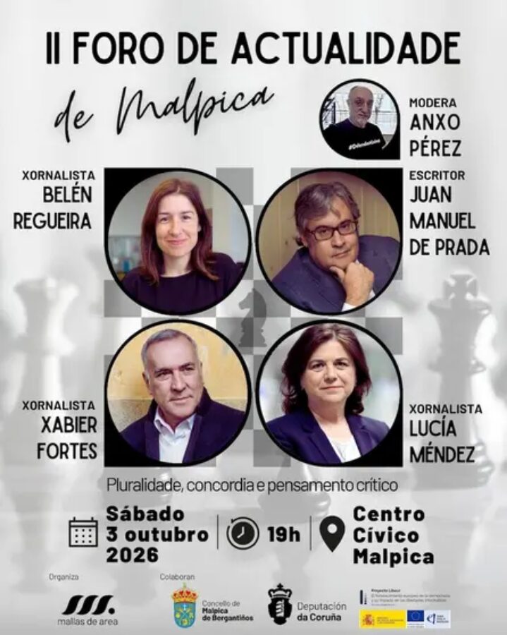 Cartel del II Foro de Actualidade de Malpica, el sábado 3 de octubre de 2026 a las 19:00 en el Centro Cívico de Malpica.
