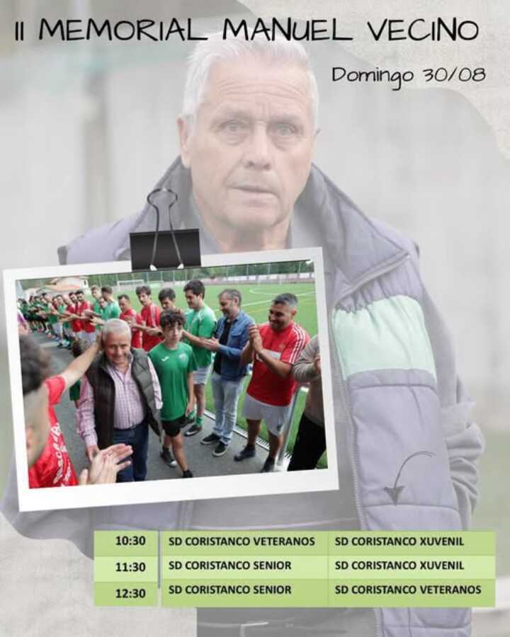 Cartel del II Memorial Manuel Vecino en Coristanco, con partidos de los equipos sénior, juvenil y veteranos de la SD Coristanco el 30 de agosto de 2026