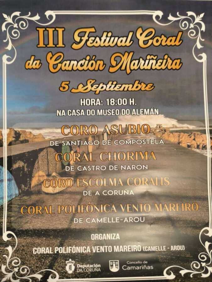 Cartel del III Festival Coral da Canción Mariñeira en Camelle, con coros invitados y actuación el 5 de septiembre de 2026