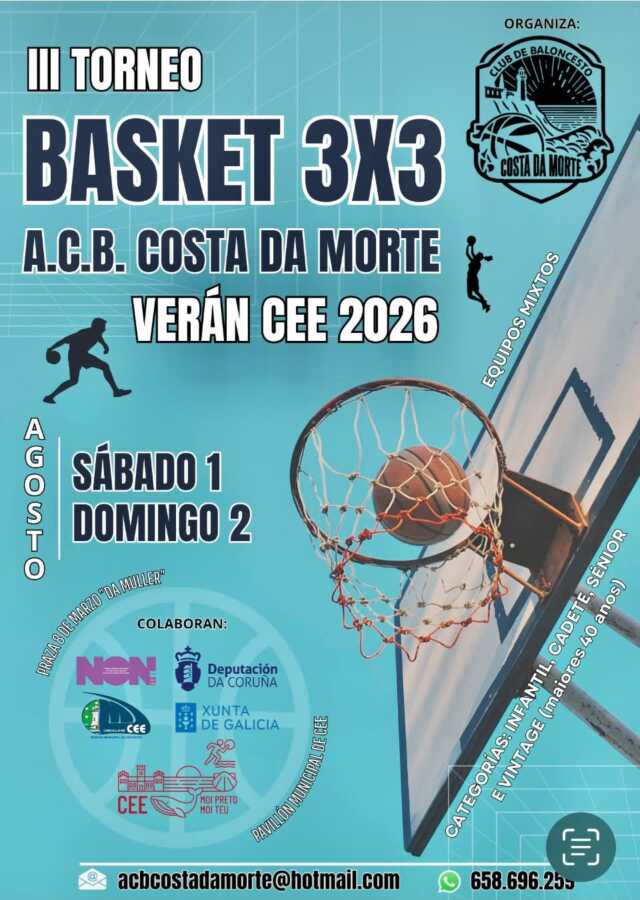 Cartel del III Torneo Basket 3x3 Cee 2026, los días 1 y 2 de agosto en la Praza 8 de Marzo y el Pavillón Municipal de Cee