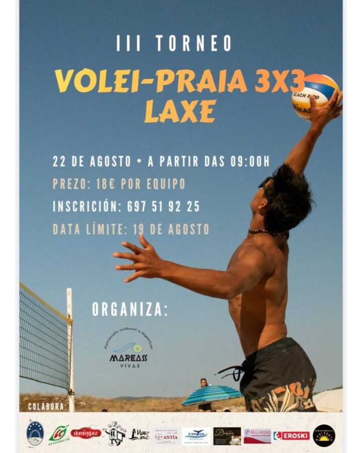 Cartel del III Torneo de Vólei-Praia 3x3 de Laxe, el 22 de agosto a partir de las 09:00 horas