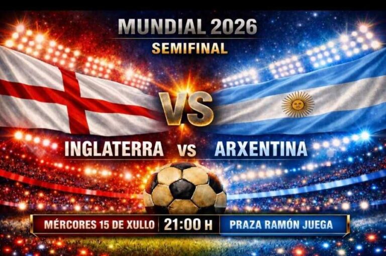 Cartel de la semifinal del Mundial 2026 entre Inglaterra y Argentina, el 15 de julio a las 21:00 h en la Praza Ramón Juega de Laxe
