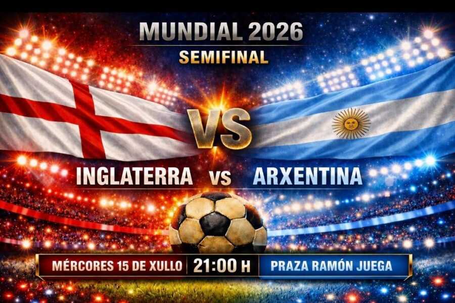 Cartel de la semifinal del Mundial 2026 entre Inglaterra y Argentina, el 15 de julio a las 21:00 h en la Praza Ramón Juega de Laxe