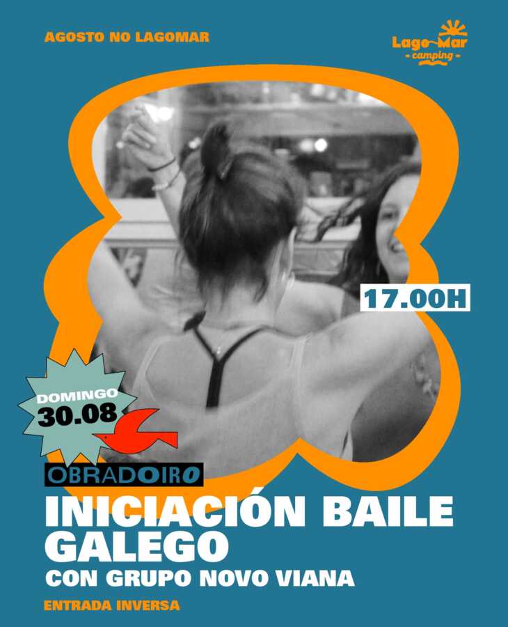 Cartel del obradoiro de iniciación ao baile galego con Grupo Novo Viana en Lago-Mar Camping, 30 de agosto de 2026