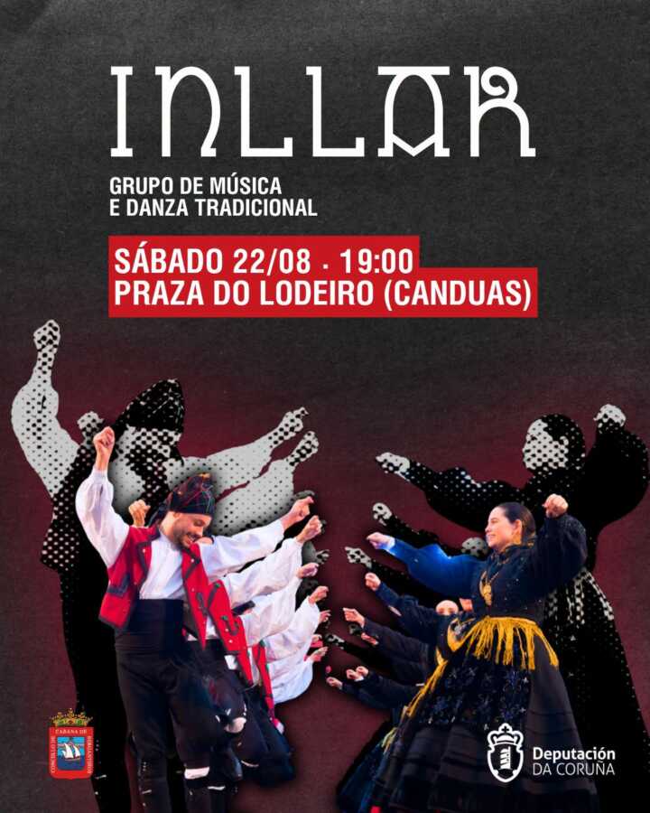 Cartel de Inllar, grupo de música y danza tradicional gallega, en la Praza do Lodeiro de Canduas el 22 de agosto de 2026.