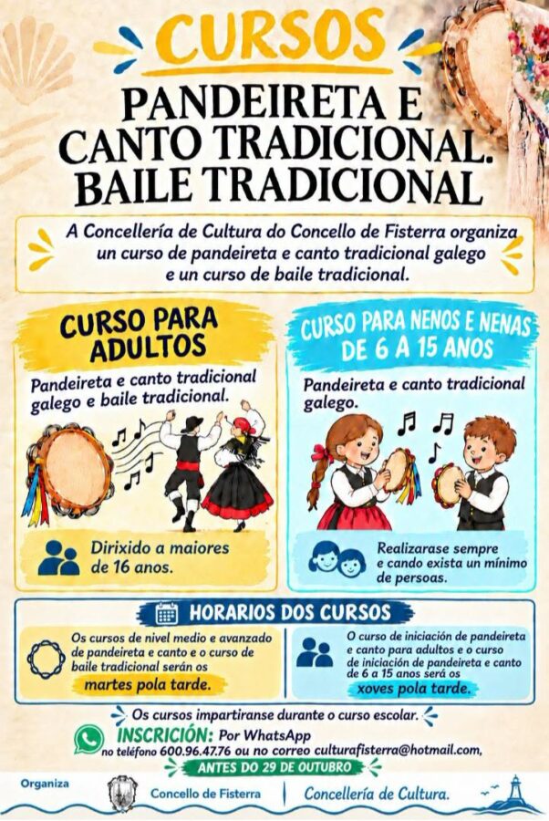 Cartel da inscrición nos cursos de pandeireta, canto e baile tradicional de Fisterra
