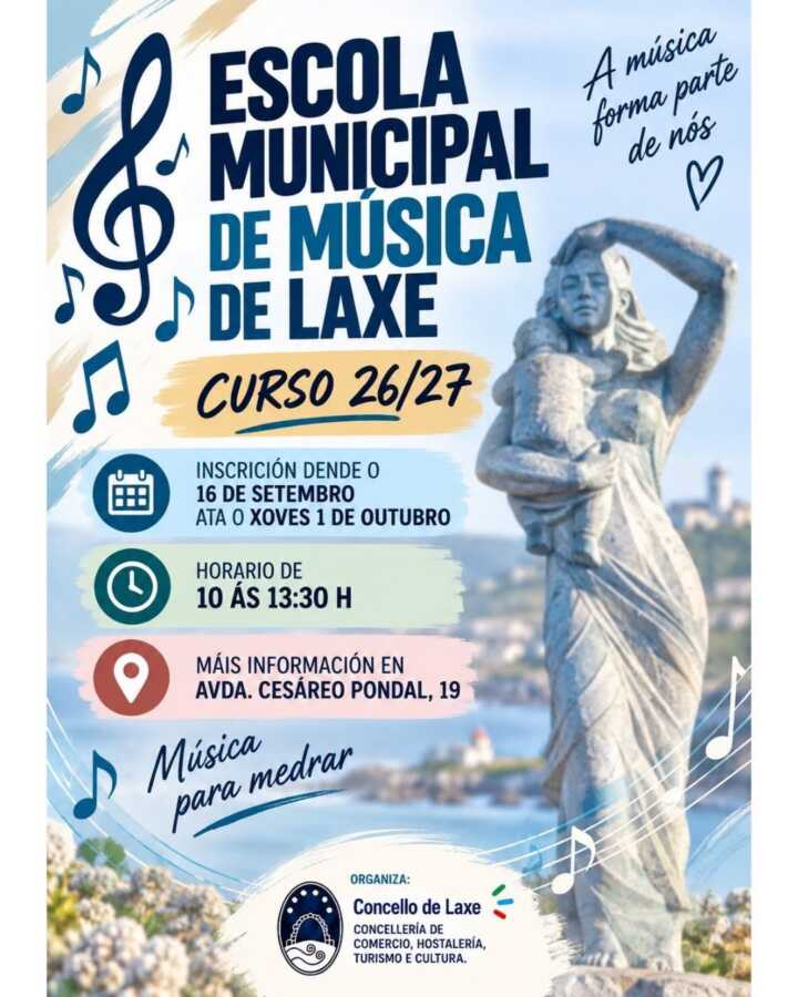 Cartel de inscripción para el curso 2026/2027 de la Escola Municipal de Música de Laxe