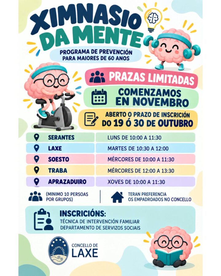Cartel Ximnasio da Mente en Laxe: inscrición do 19 ao 30 de outubro de 2026 para maiores de 60 anos