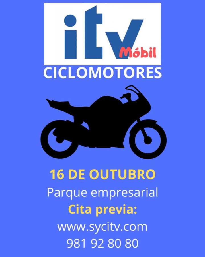Cartel da ITV móbil de ciclomotores no parque empresarial da Laracha, o 16 de outubro de 2026.