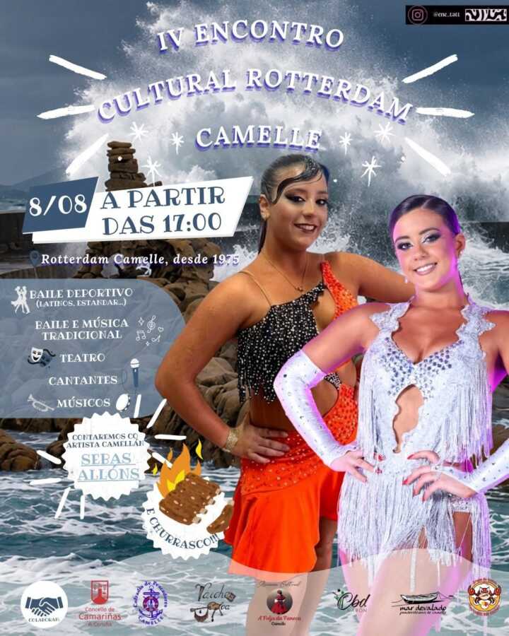 Cartel del IV Encontro Cultural Rotterdam en Camelle, con baile, música, teatro y artistas locales