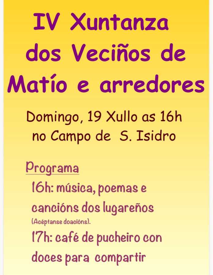 Cartel de la IV Xuntanza dos Veciños de Matío e arredores, con música, poemas, canciones y café de puchero