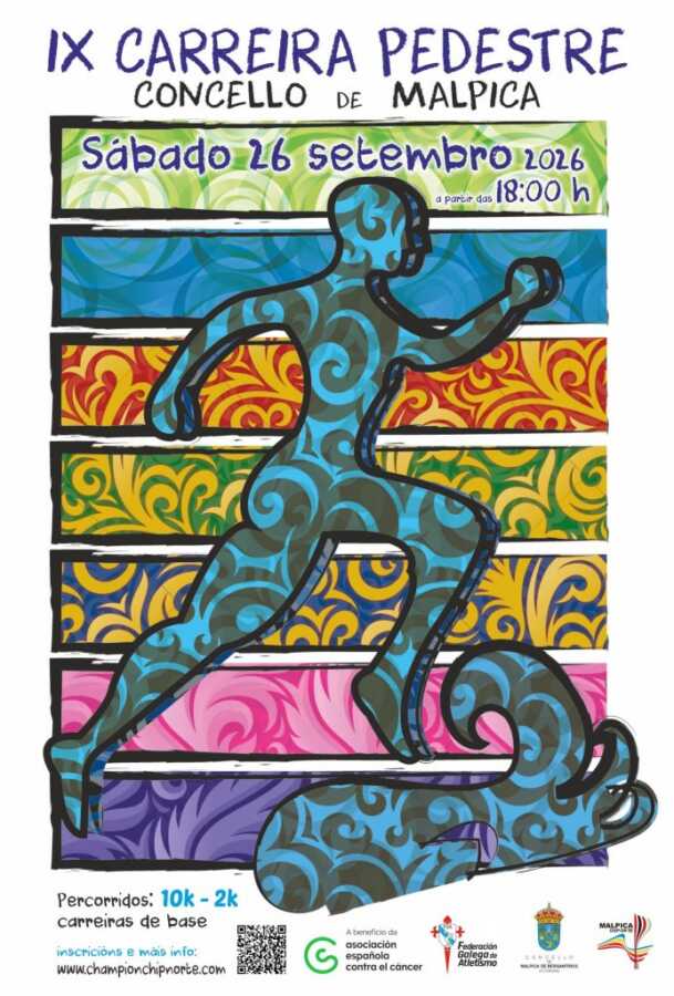 Cartel de la IX Carreira Pedestre Concello de Malpica, el 26 de septiembre de 2026, con recorridos de 10 km y 2 km y carreras de base