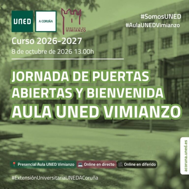 Cartel de la Jornada de Puertas Abiertas y Bienvenida del Aula UNED Vimianzo, 8 de octubre de 2026