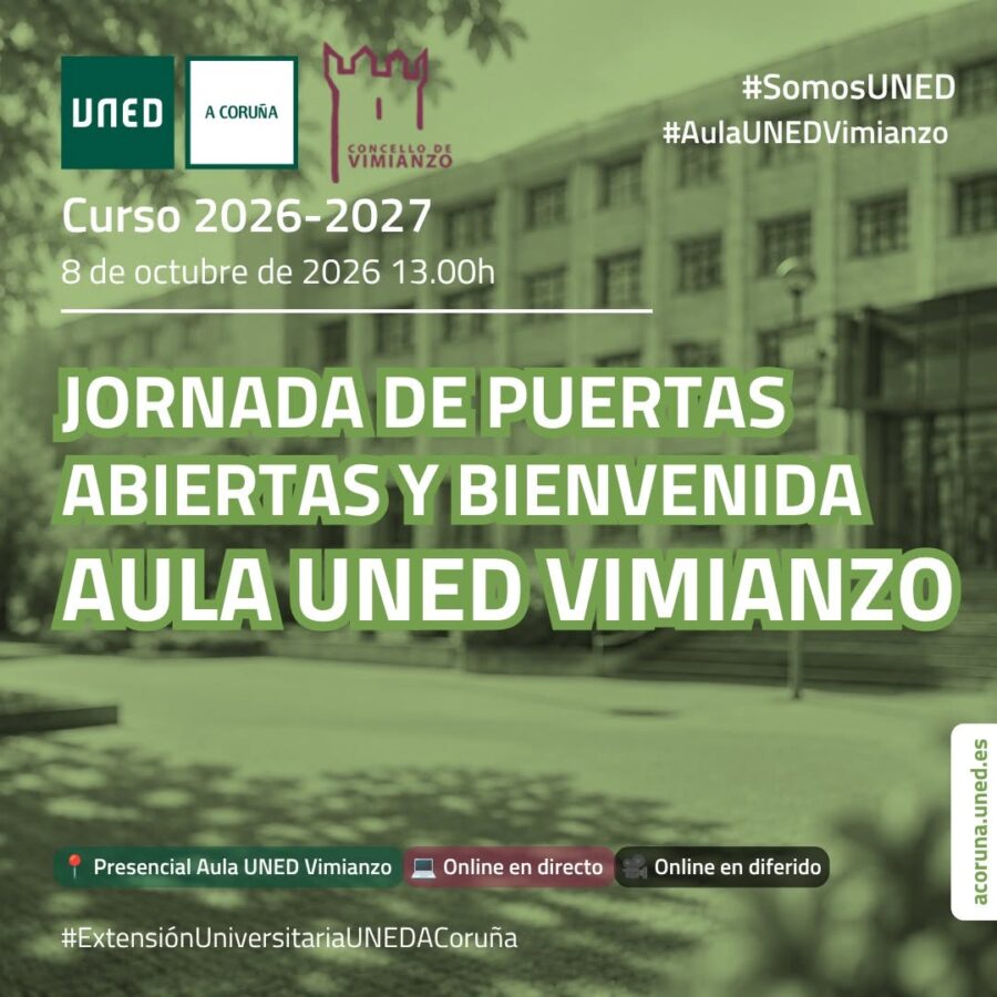 Cartel de la Jornada de Puertas Abiertas y Bienvenida del Aula UNED Vimianzo, 8 de octubre de 2026