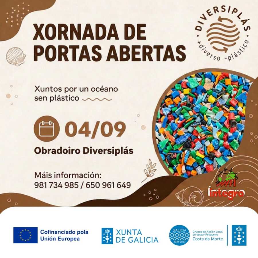 Cartel de la jornada de puertas abiertas del Obradoiro Diversiplás en Nantón, 4 de septiembre