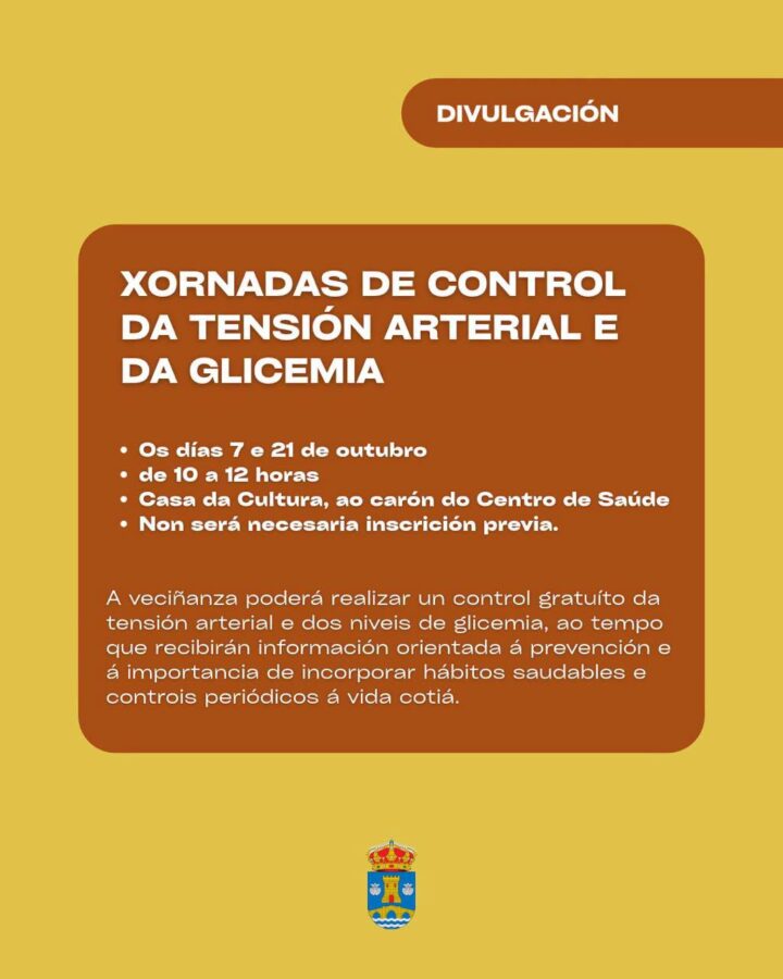 Cartel de las jornadas de control de tensión arterial y glicemia en Coristanco los días 7 y 21 de octubre