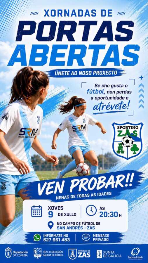 Cartel de las Xornadas de Portas Abertas del Sporting Zas para niñas de todas las edades, el jueves 9 de julio a las 20:30 h en el campo de fútbol de San Andrés, Zas.