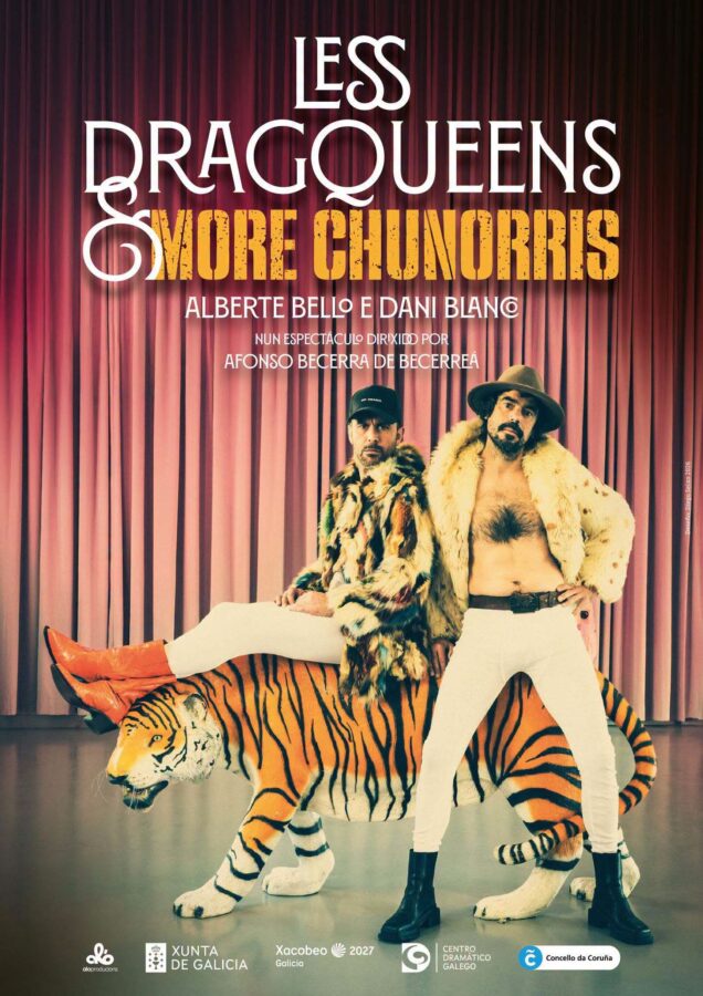 Cartel de Less Dragqueens and More Chunorris! de Aló Producións, con Alberte Bello y Dani Blanco, el 23 de octubre de 2026 en el Auditorio de Vimianzo.