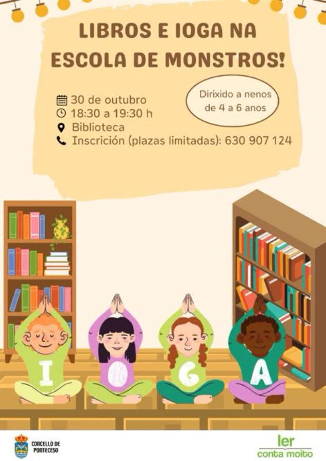 Cartel de Libros e ioga na escola de monstros, actividade infantil na Biblioteca de Ponteceso o 30 de outubro de 2026