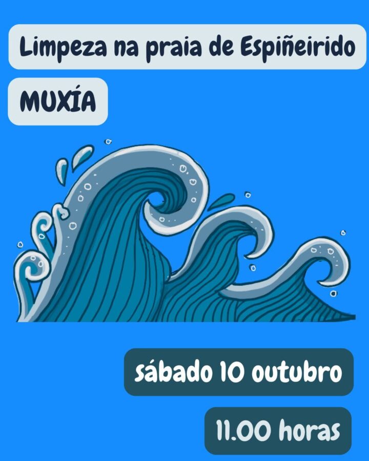 Cartel da limpeza colaborativa na praia de Espiñeirido, Muxía, o sábado 10 de outubro ás 11:00