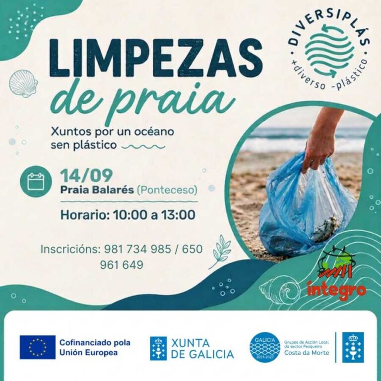Cartel de la limpieza de playa Diversiplás en la Praia de Balarés, Ponteceso, el 14 de septiembre de 2026