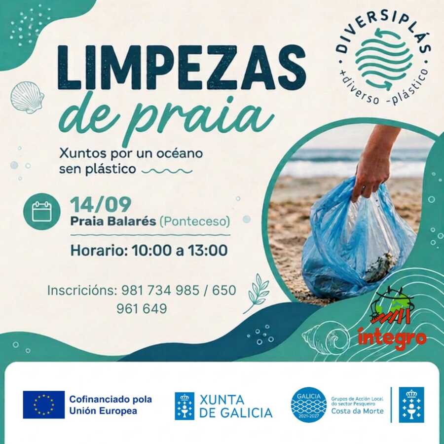 Cartel de la limpieza de playa Diversiplás en la Praia de Balarés, Ponteceso, el 14 de septiembre de 2026