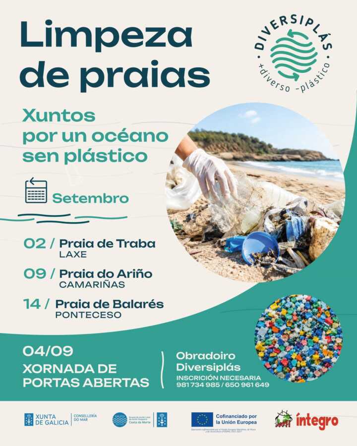 Cartel de las jornadas Diversiplás de limpieza de playas en Traba, Ariño y Balarés en septiembre, con jornada de puertas abiertas del obrador Diversiplás