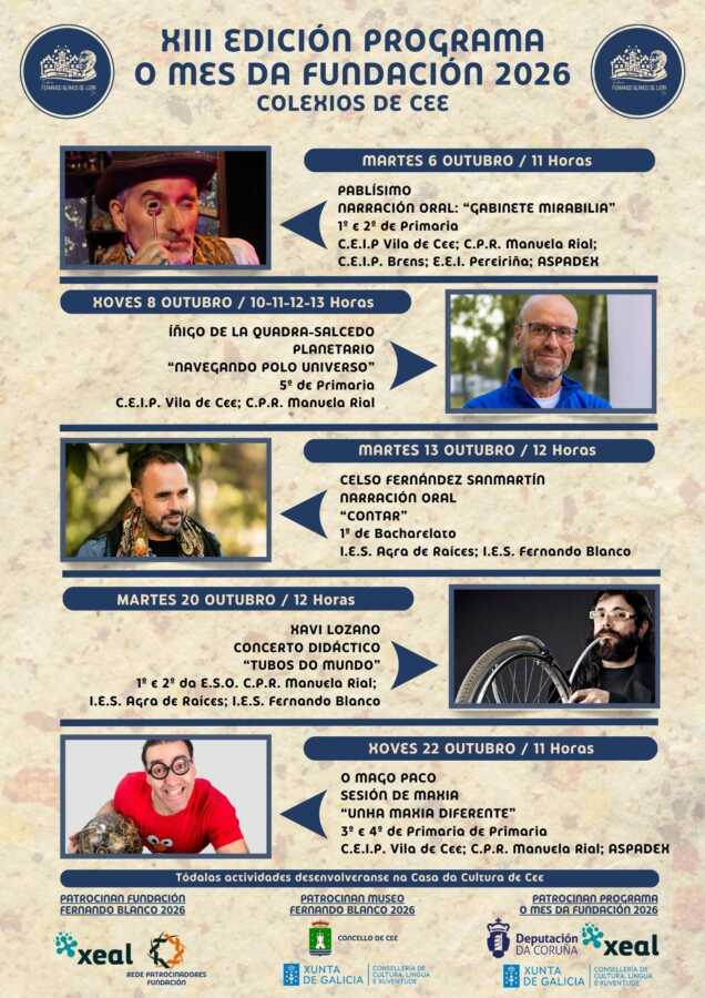 Cartel del programa escolar O Mes da Fundación 2026 en Cee