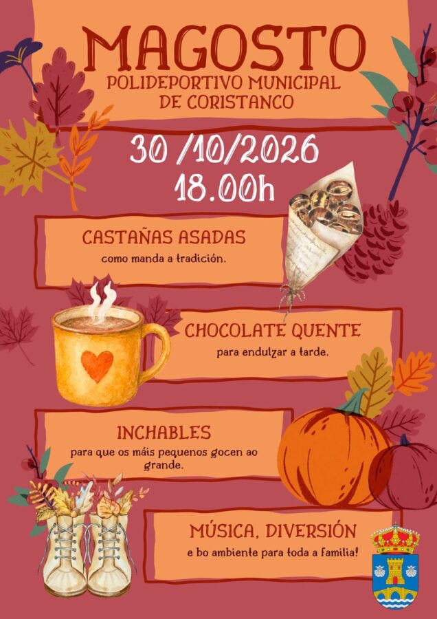 Cartel oficial del Magosto de Coristanco 2026 con castañas asadas, chocolate caliente, hinchables y música el 30 de octubre a las 18:00.
