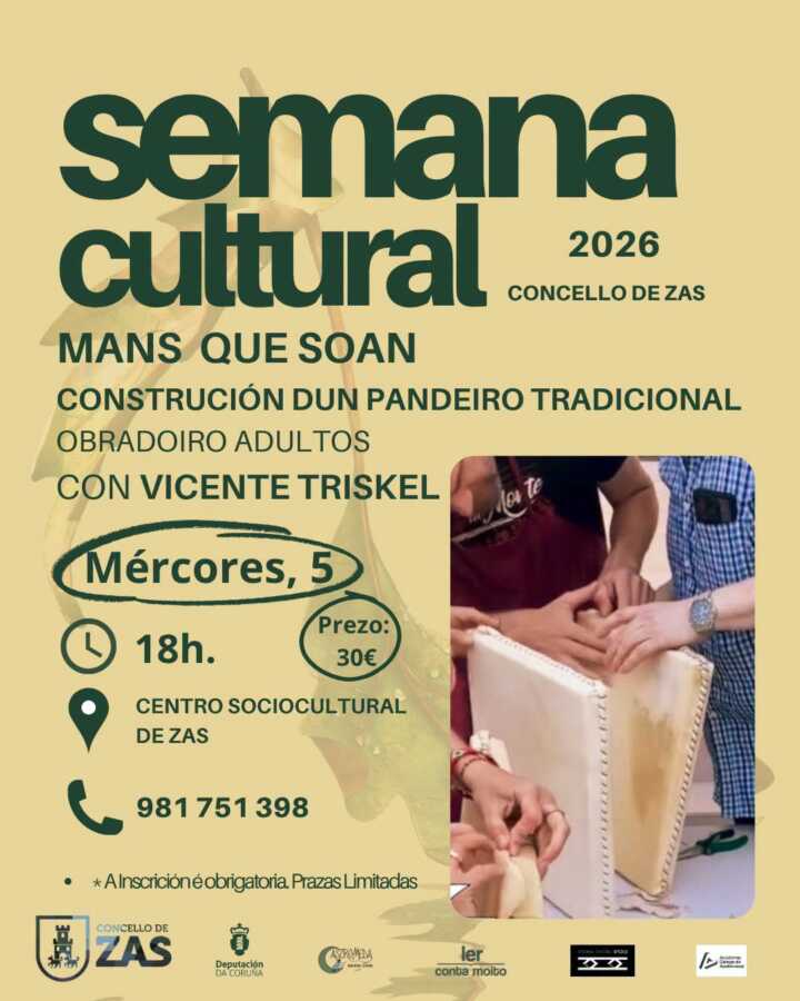 Cartel del taller Mans que soan para construir un pandero tradicional en Zas