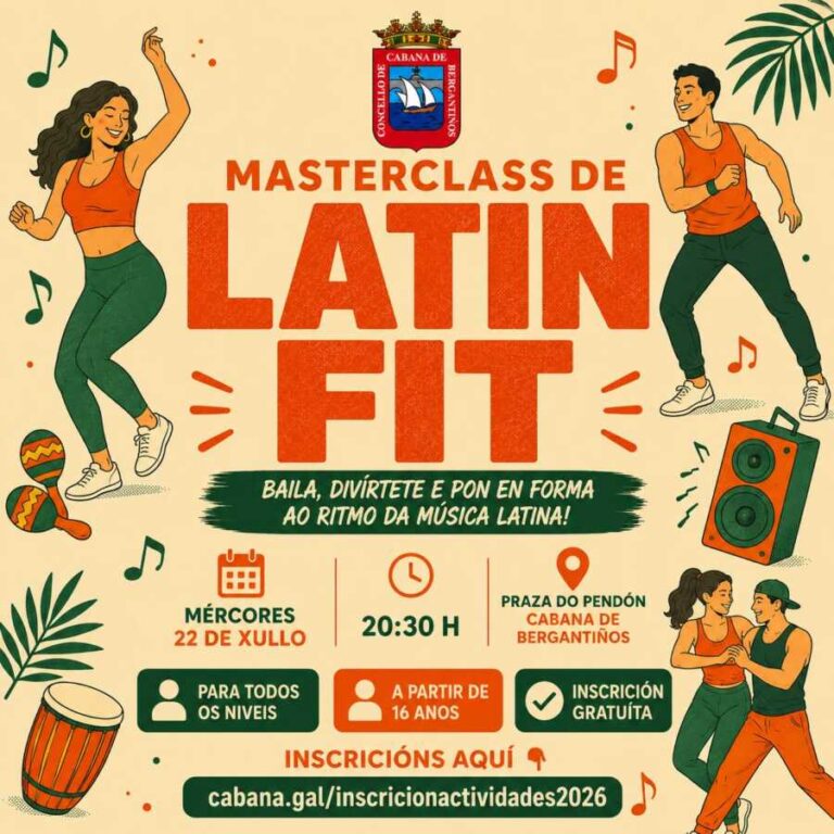 Cartel de la masterclass de Latin Fit en Cabana de Bergantiños, el 22 de julio de 2026