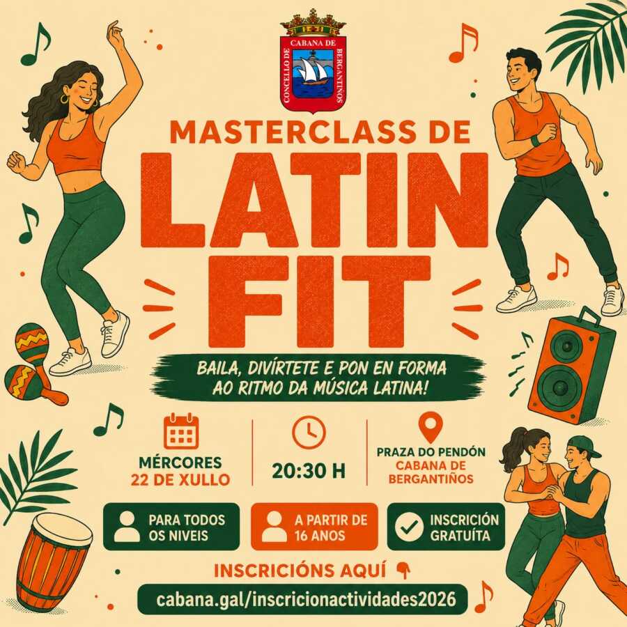 Cartel de la masterclass de Latin Fit en Cabana de Bergantiños, el 22 de julio de 2026