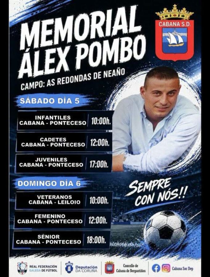 Cartel del Memorial Álex Pombo en el campo As Redondas de Neaño, Cabana de Bergantiños
