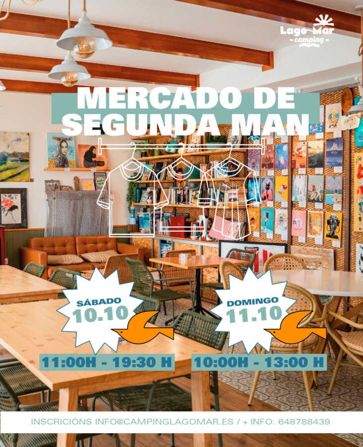 Cartel del Mercado de segunda mano en Camping Lago-Mar, Muxía