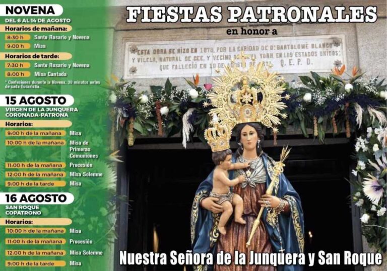 Cartel de las misas de las fiestas patronales de Nuestra Señora de la Junquera y San Roque en Cee
