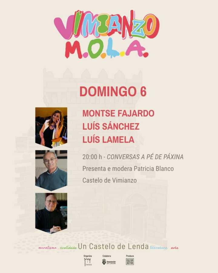 Montse Fajardo, Luís Sánchez y Luís Lamela en Conversas a Pé de Páxina de Vimianzo M.O.L.A., 6 de septiembre de 2026.