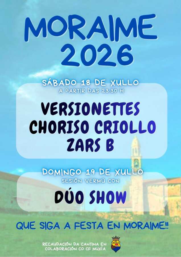 Cartel de Moraime 2026 con actuaciones musicales los días 18 y 19 de julio en Moraime, Muxía