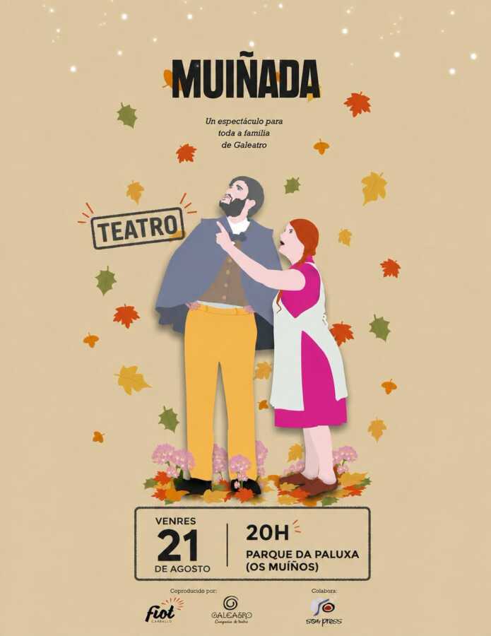 Cartel do espectáculo familiar «Muiñada» de Galeatro no Parque da Paluxa, Os Muíños
