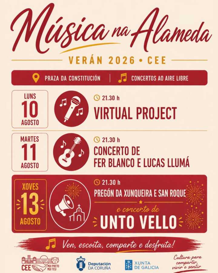 Cartel de Música na Alameda Verán 2026 en Cee, con conciertos del 10, 11 y 13 de agosto