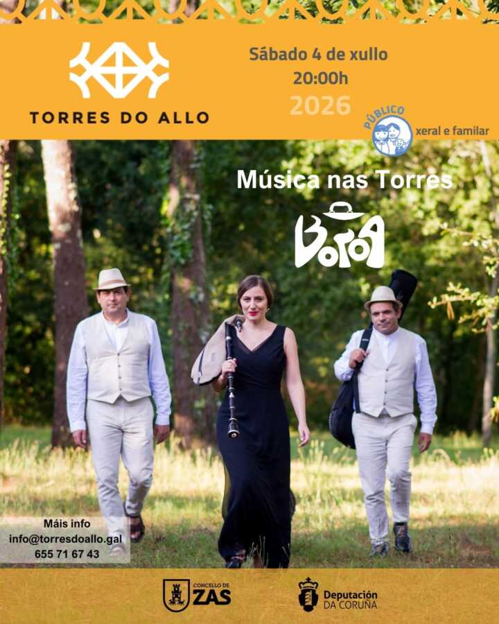 Cartel de Música nas Torres con Boroa en Torres do Allo, Zas, el 4 de julio de 2026