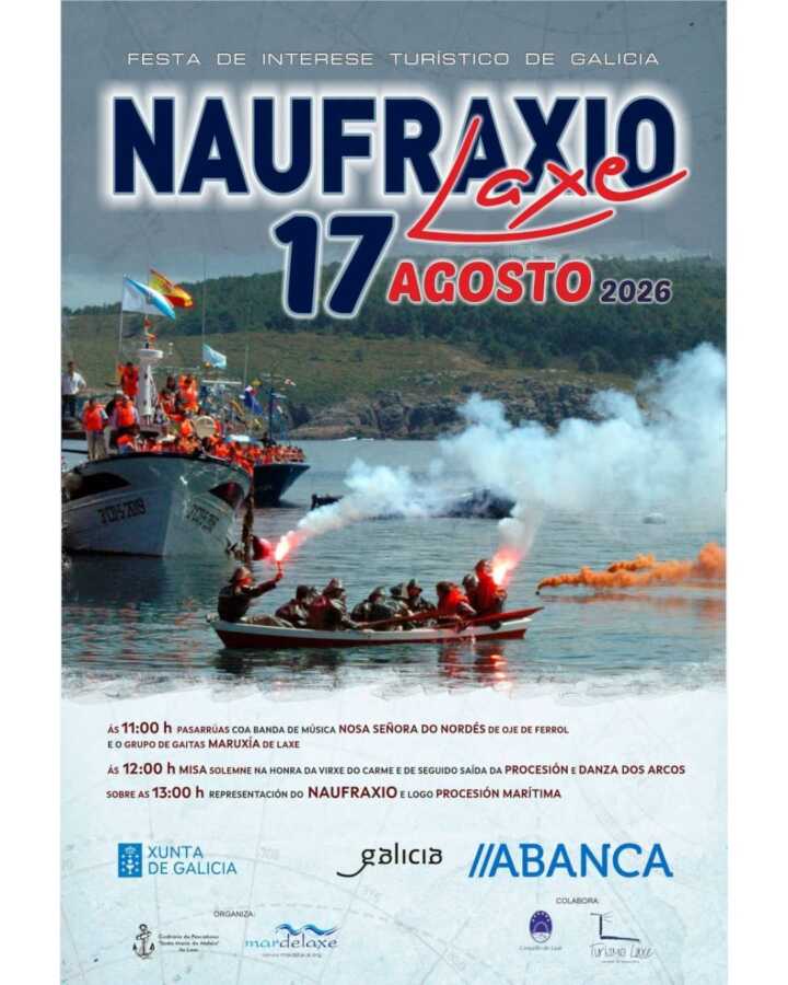 Cartel del Naufraxio de Laxe 2026, Festa de Interese Turístico de Galicia, el 17 de agosto en Laxe.