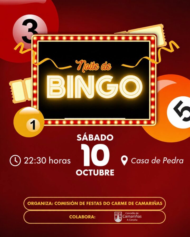 Cartel de la Noite de Bingo en Casa de Pedra, Camariñas, el sábado 10 de octubre a las 22:30