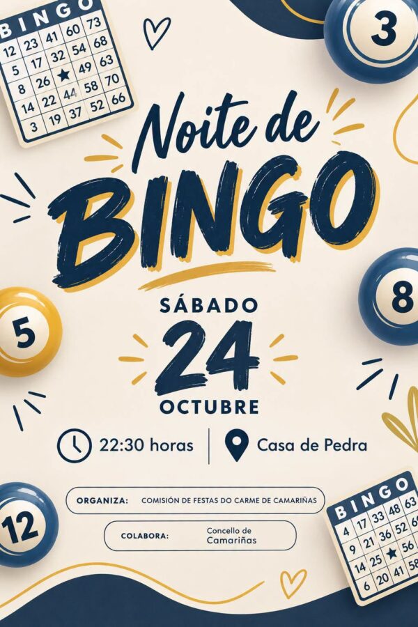 Cartel da Noite de Bingo en Camariñas, sábado 24 de outubro ás 22:30 na Casa de Pedra.