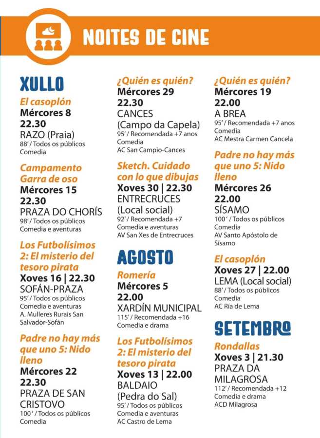 Cartel de las Noites de Cine 2026 en Carballo, con proyecciones al aire libre en julio, agosto y septiembre