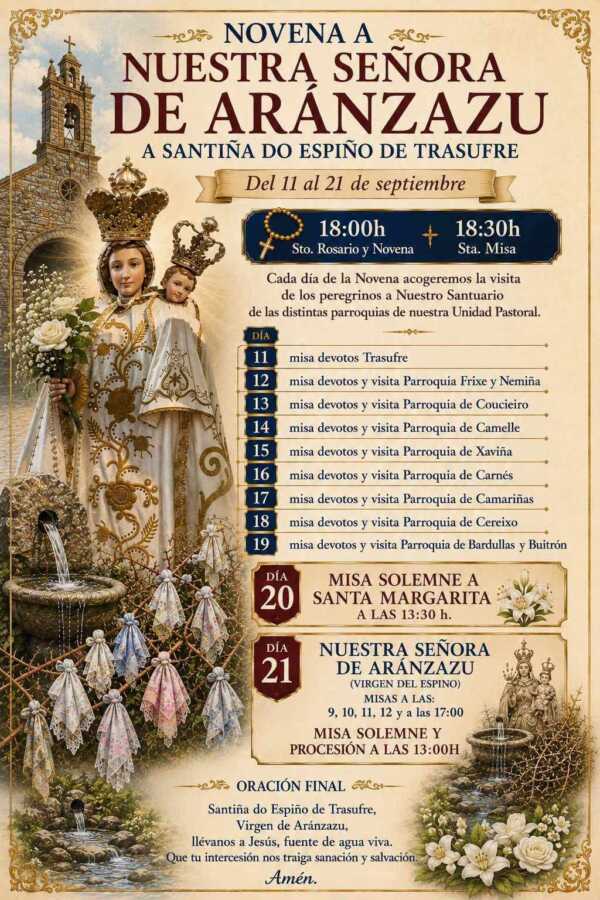 Cartel de la novena y celebración de Nuestra Señora de Aránzazu, la Santiña do Espiño de Trasufre, en Muxía